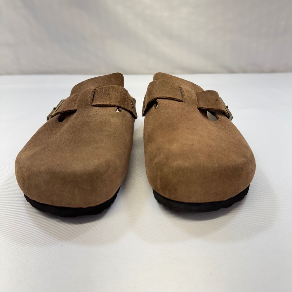 Quince Suede Clog Mules Women Size 8 Brown Buckle Strap Cork Footbed Shoes - Picture 4 of 12